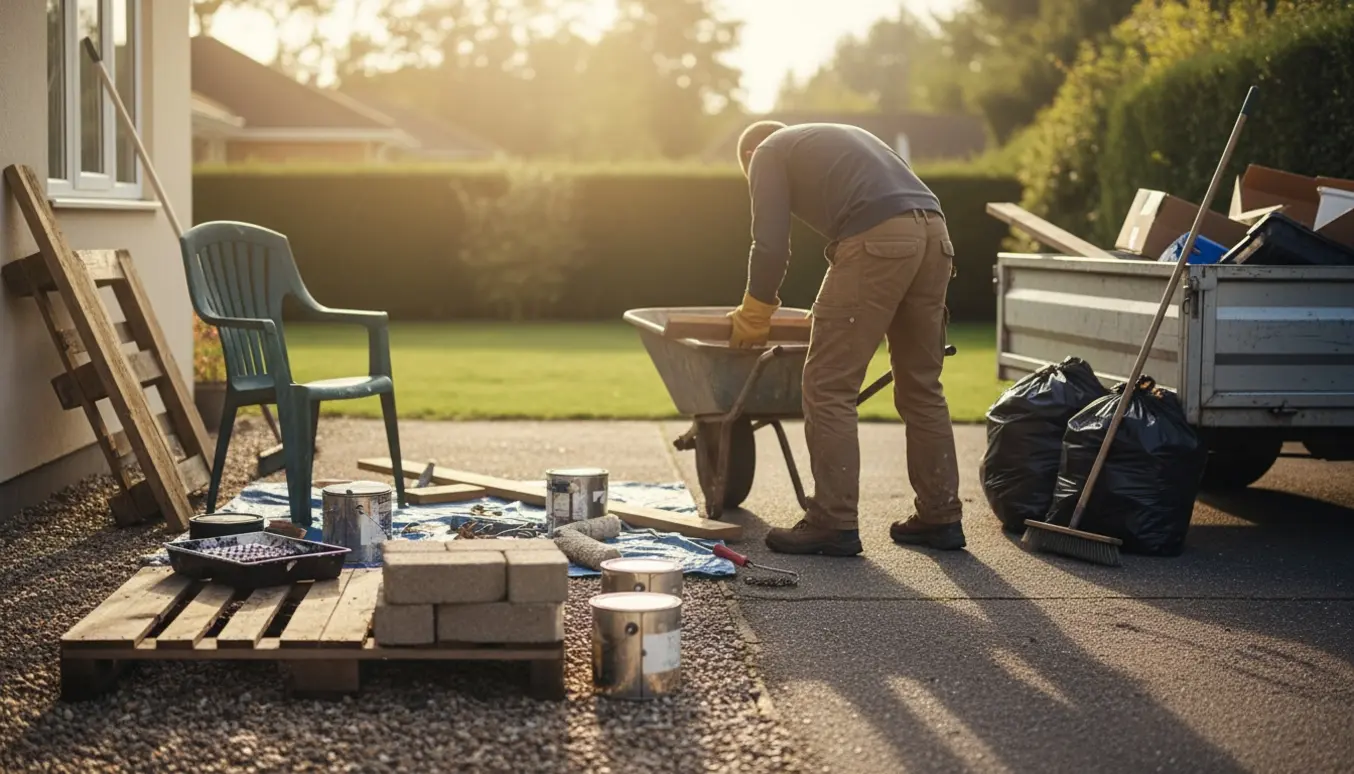En person i handsker læsser fliser, malerbøtter, maleruller og træbrædder i en trillebør ved en indkørsel.