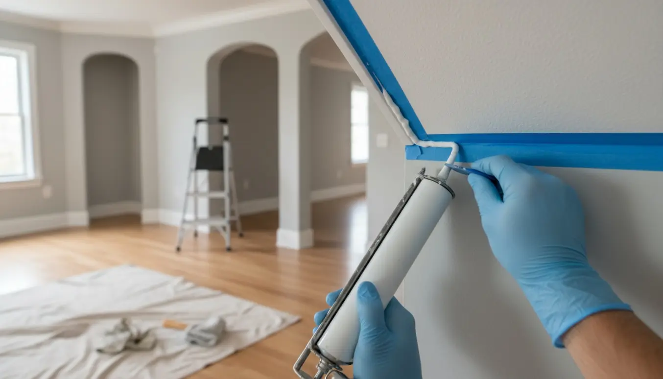 Nærbillede af hænder, der fuge og glatter en pæn kant mellem loft og væg i et lyst rum med værktøj i baggrunden.