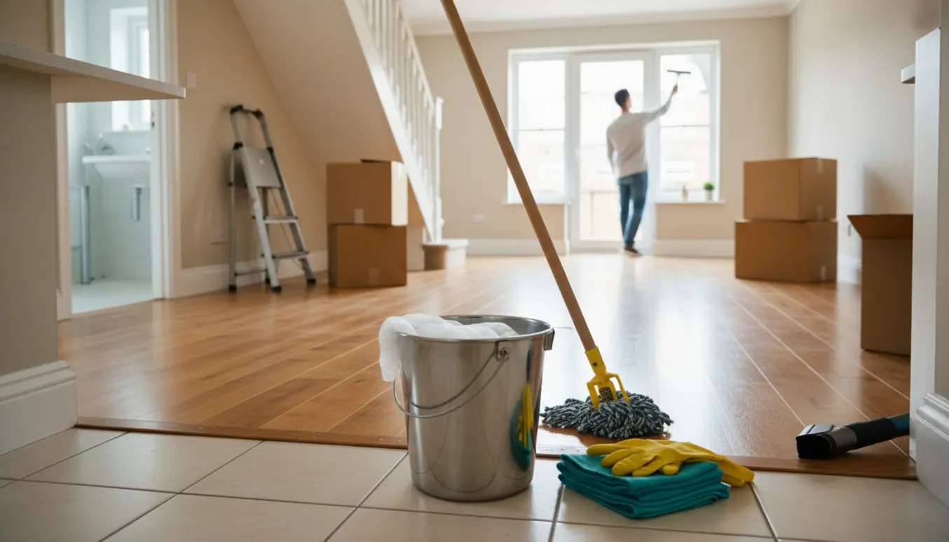 Tom, nyrengjort bolig med rengøringsudstyr og flyttekasser i varmt dagslys.