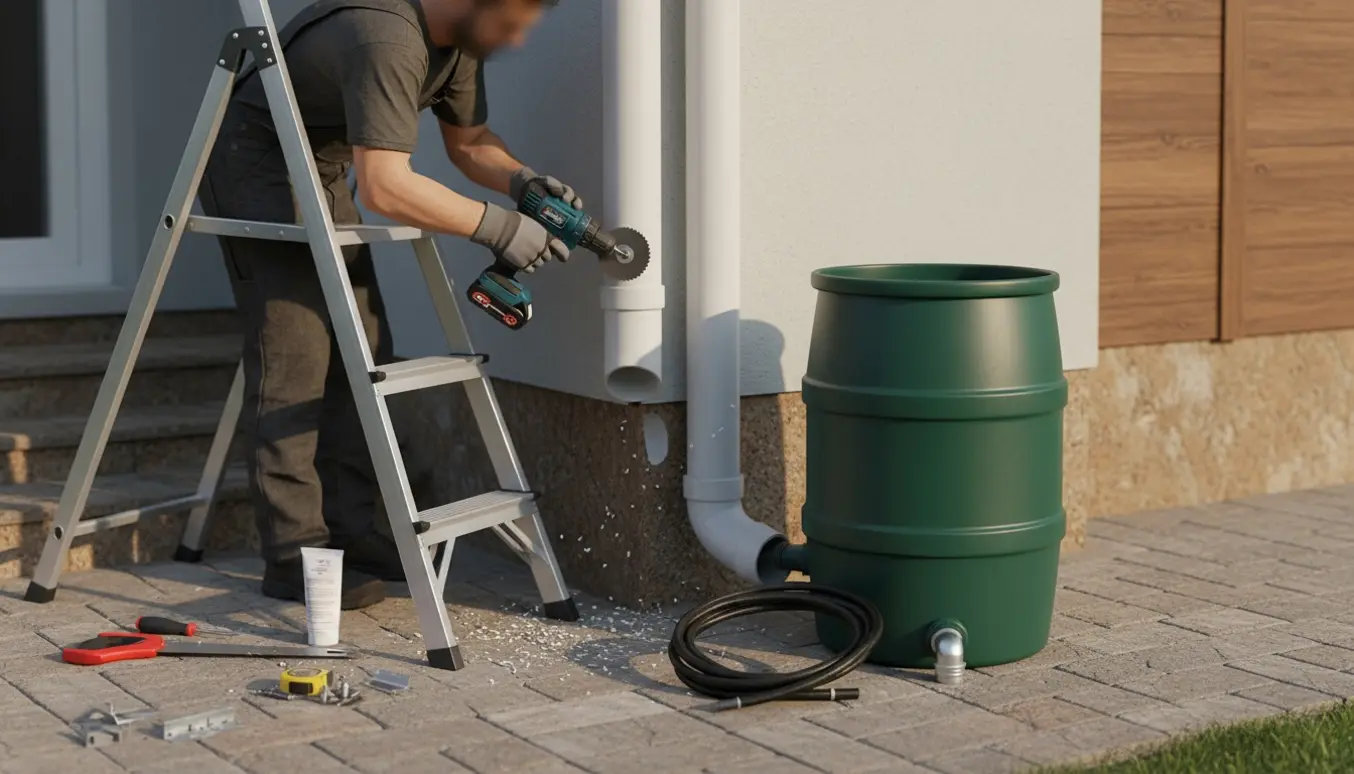 Håndværker saver hul i et hvidt nedløbsrør for at tilslutte en regnvandstønde.