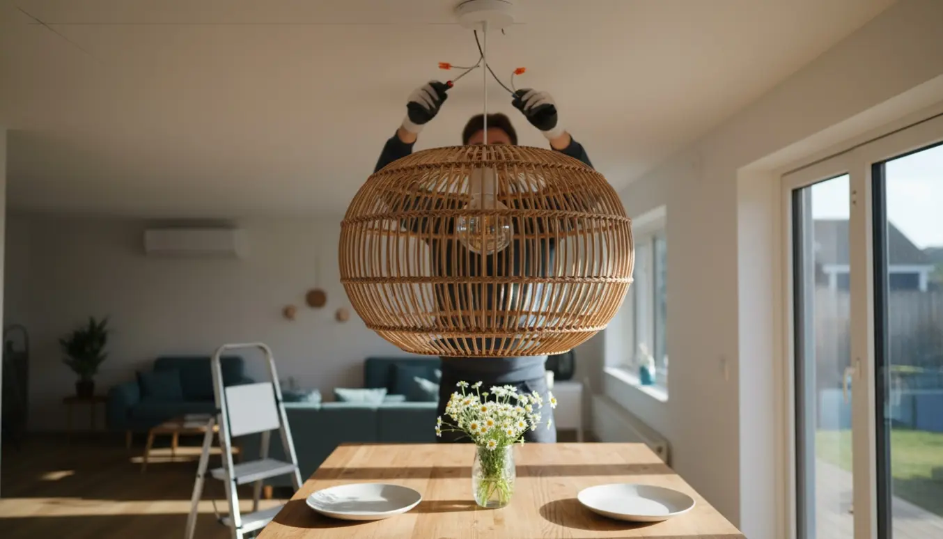 En person hænger en rattanpendel op over et spisebord med værktøj og målemarkeringer.