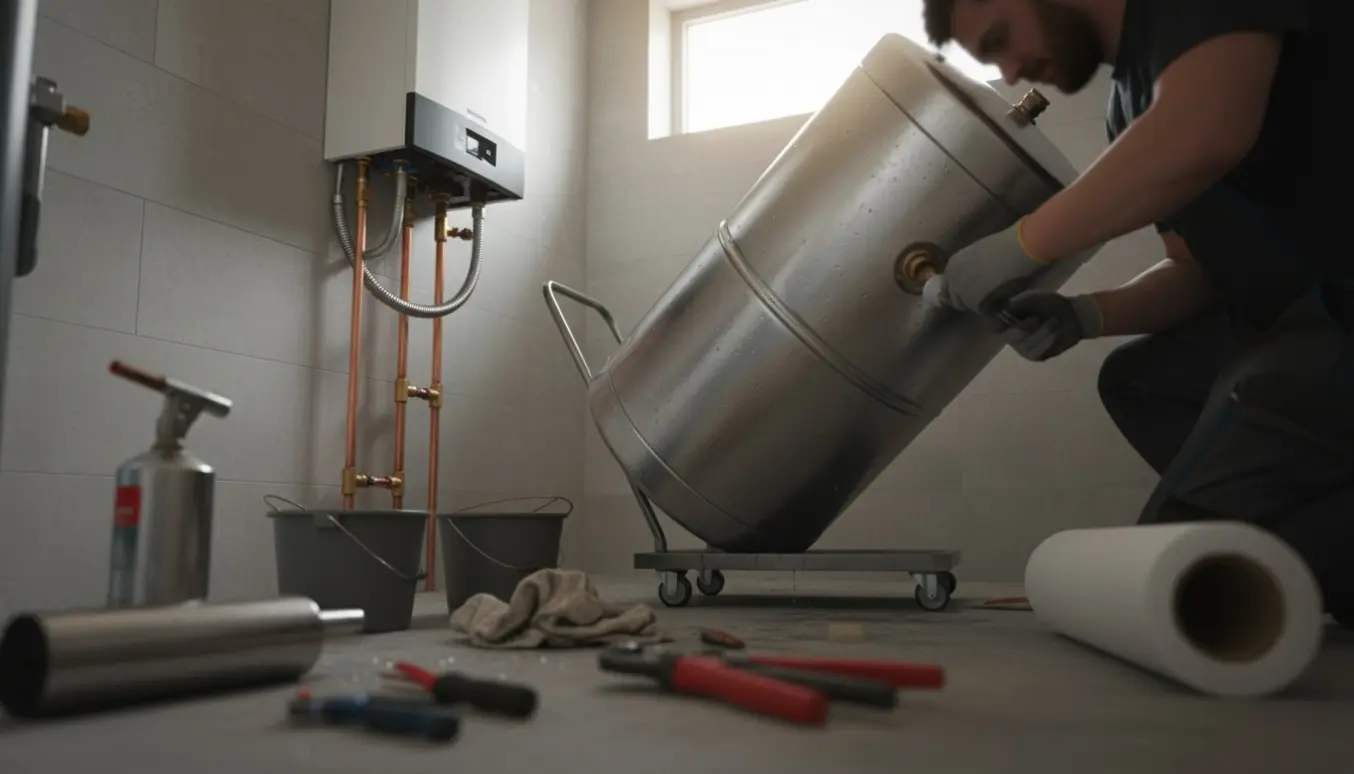 VVS-håndværker fjerner en varmtvandsbeholder i et bryggers, mens nyt rørarbejde til et gasfyr monteres.