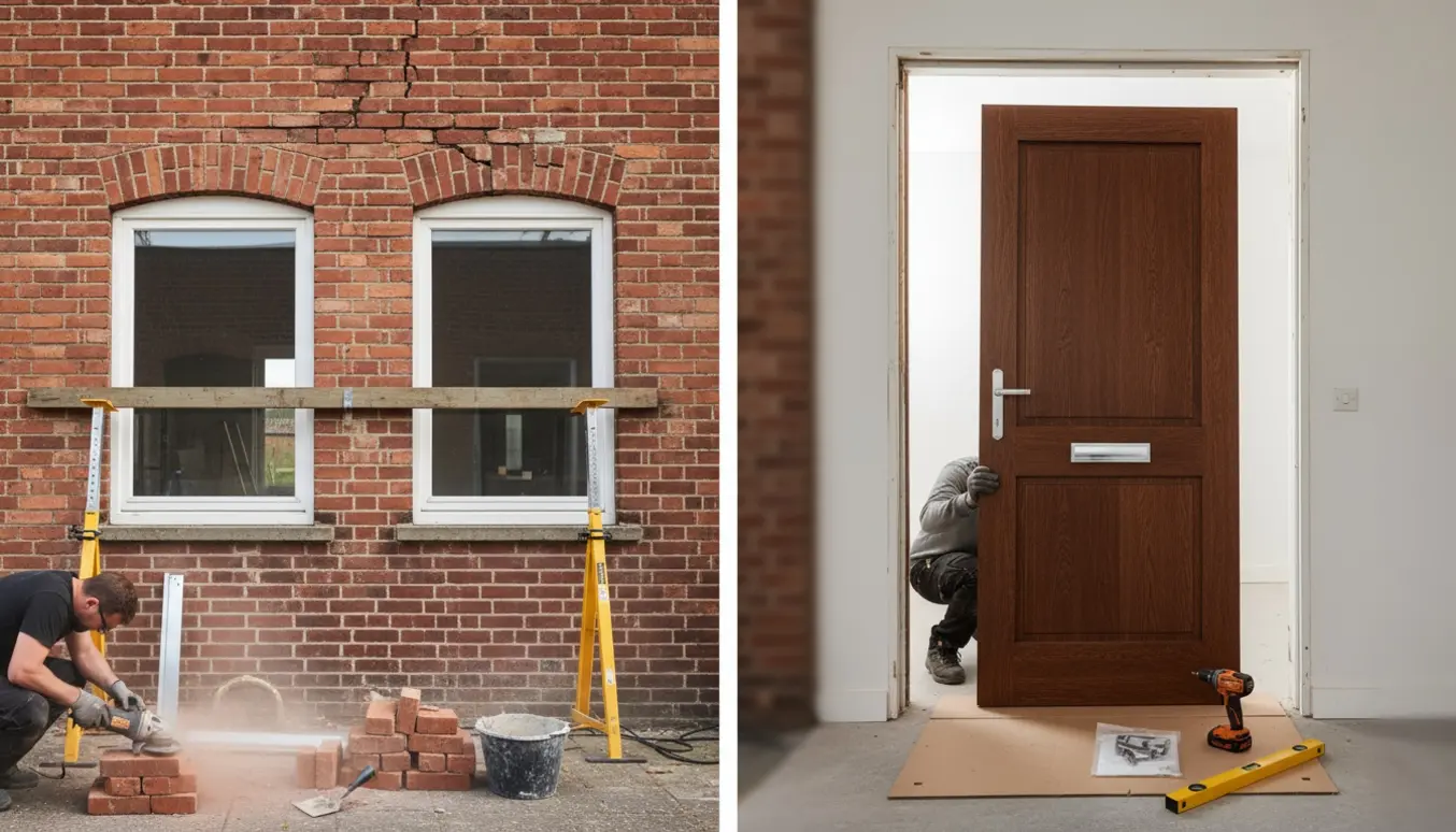 Udvendig facade med to vinduer hvor en nedbøjet tegloverligger repareres, og en ny hoveddør står klar til montering.
