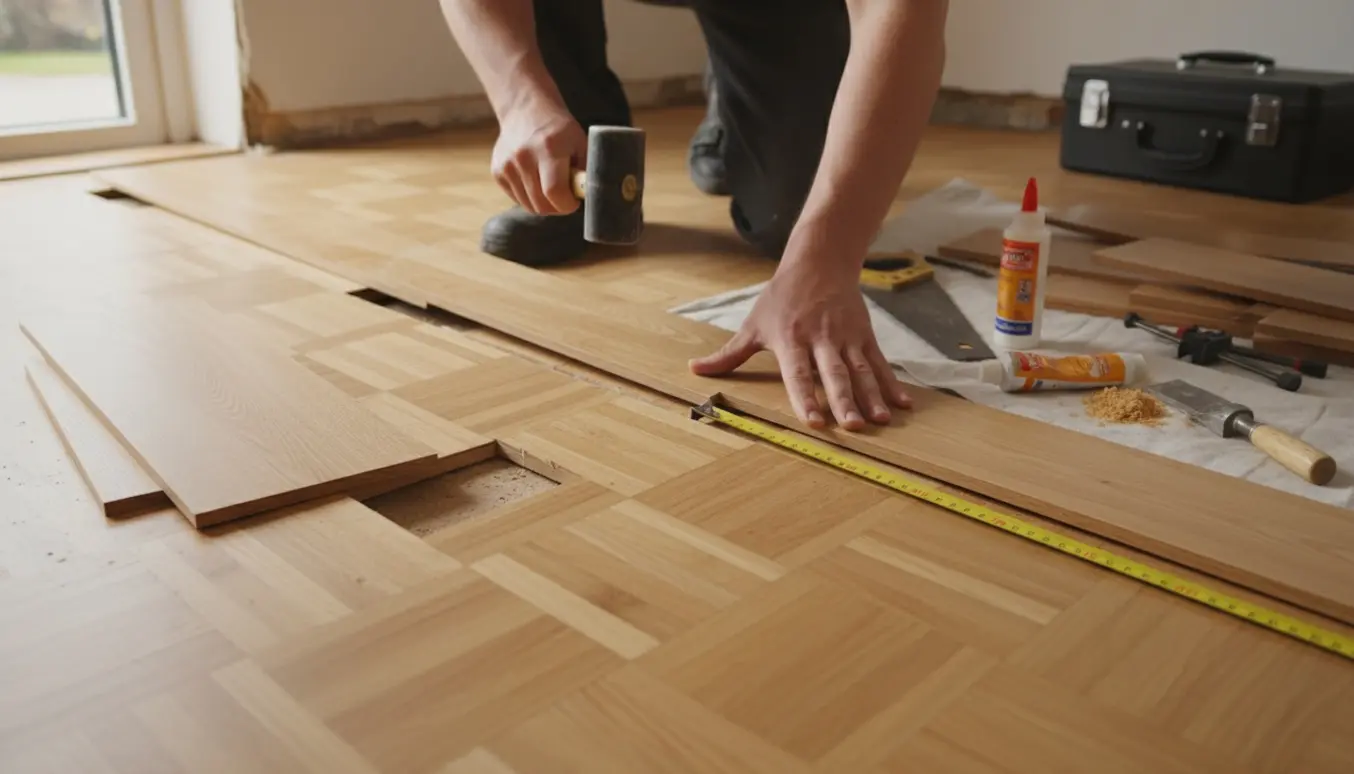 Nærbillede af reparation af bøgeparket i et langt smalt hul og lukning af hul efter kattelem.