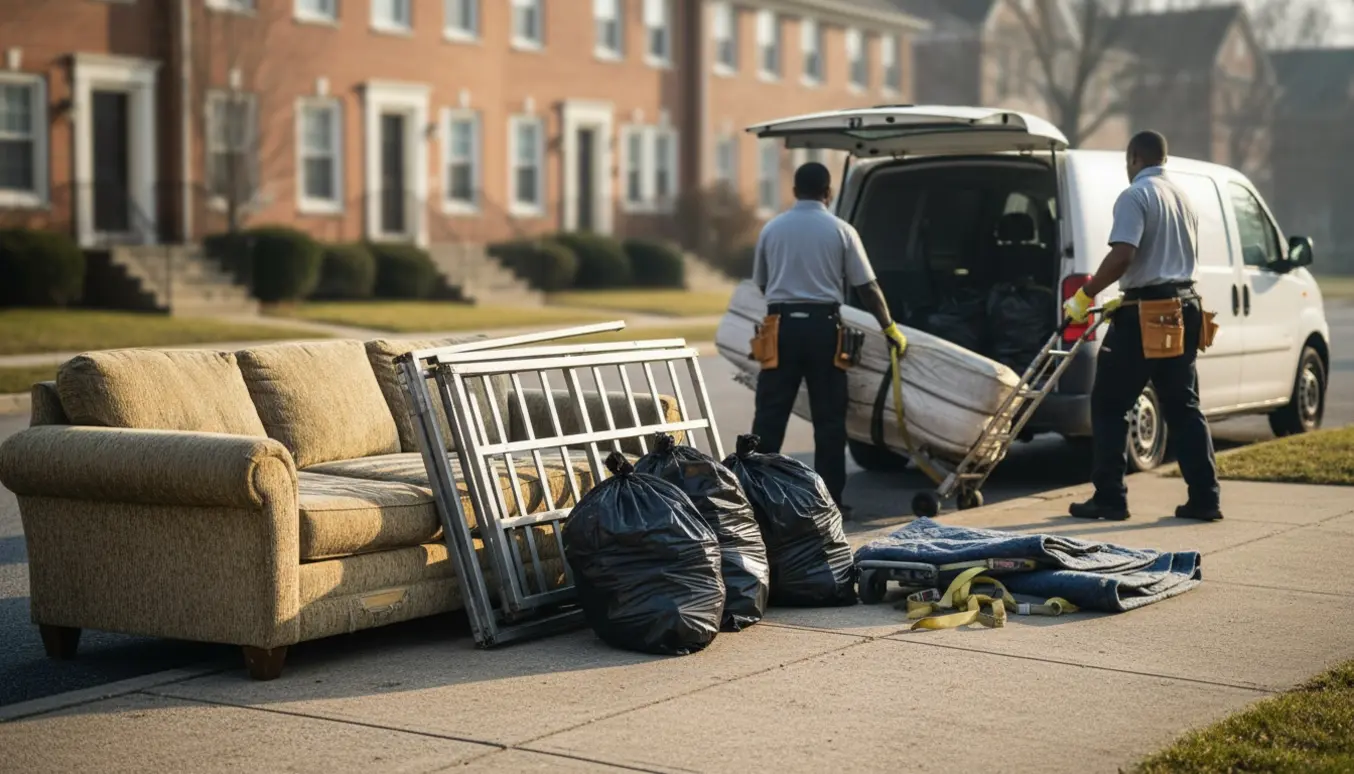 Sofa, seng og sorte affaldssække bliver læsset på en varevogn ved fortovet.
