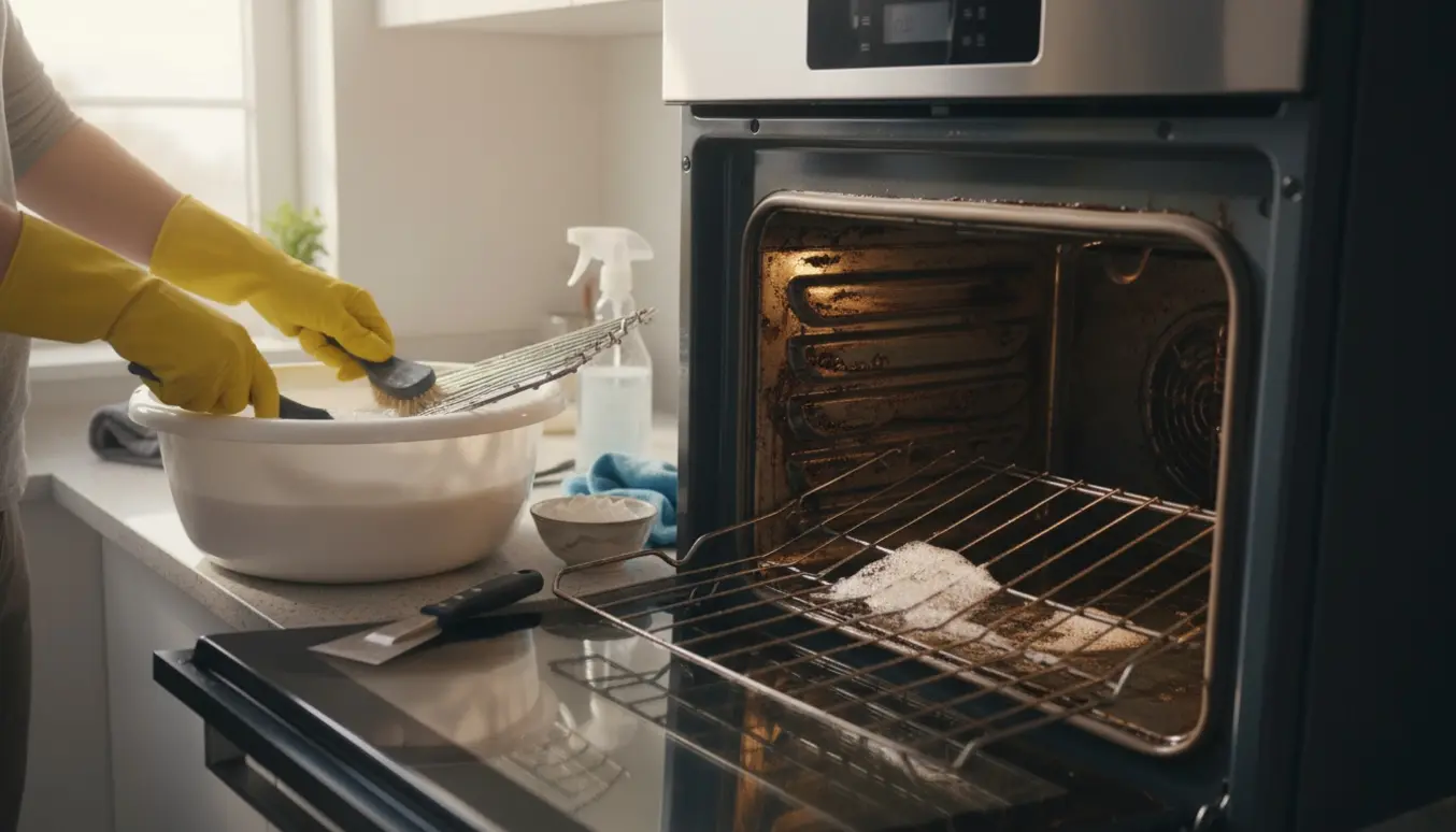 Ovn rengøres med aftaget låge, ovnriste i blød og handsker der skrubber.