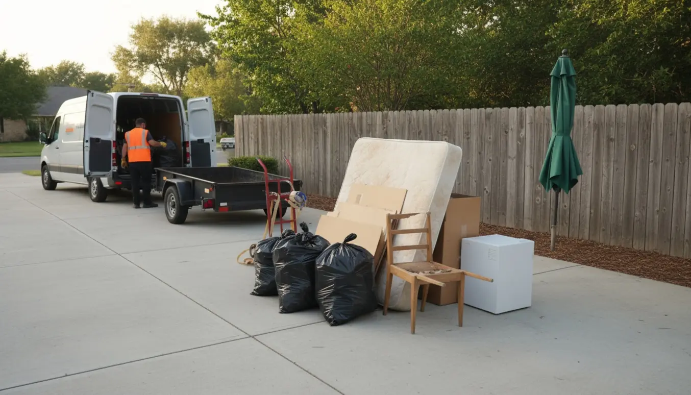 Varevogn og trailer læsser en bunke husholdningsaffald i en indkørsel, mens en grøn parasol står adskilt og uafhentet.