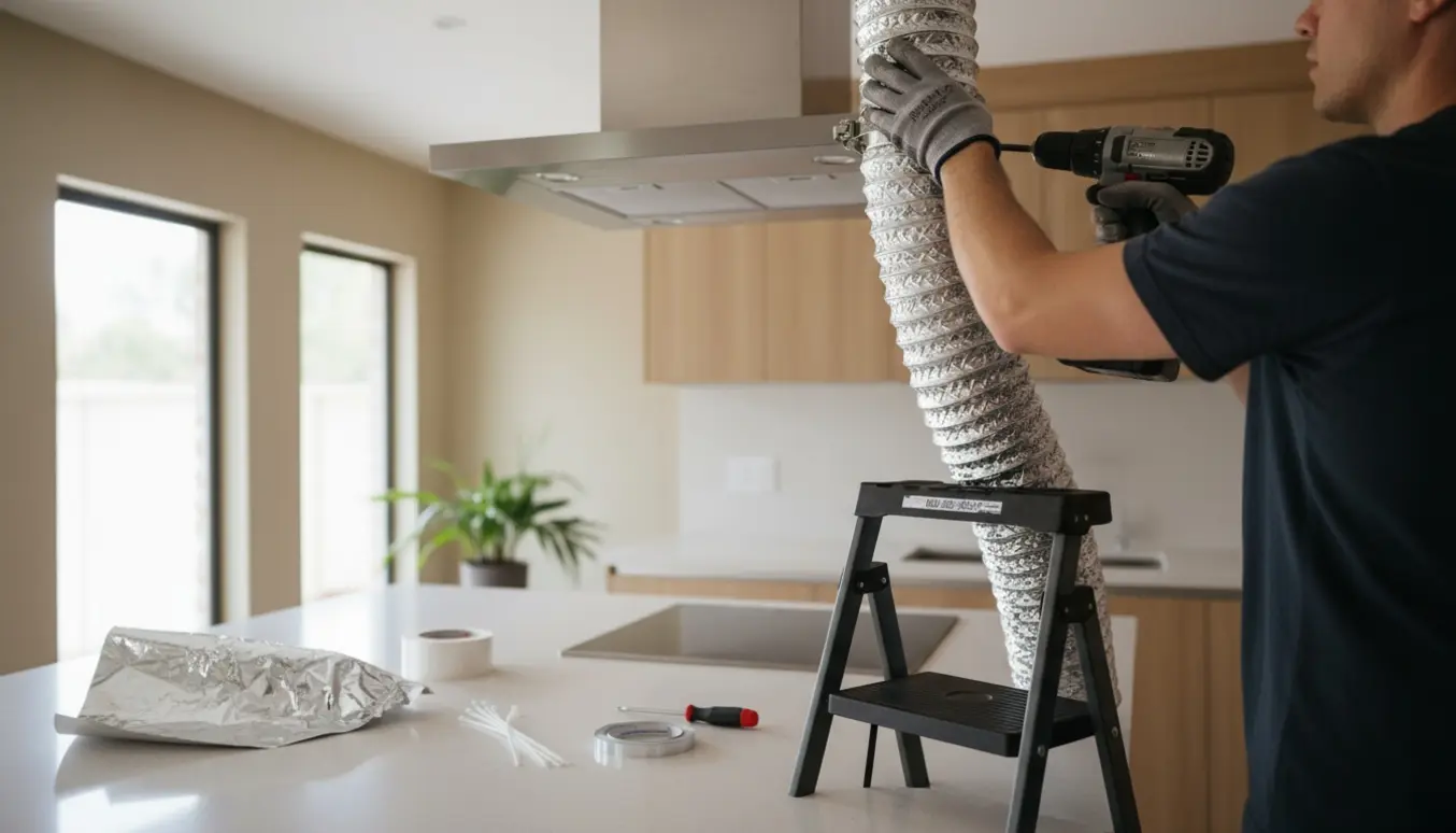 Hænder monterer en corrugeret flexslange mellem emhætte og loftets udsugningsstuds i et køkken.