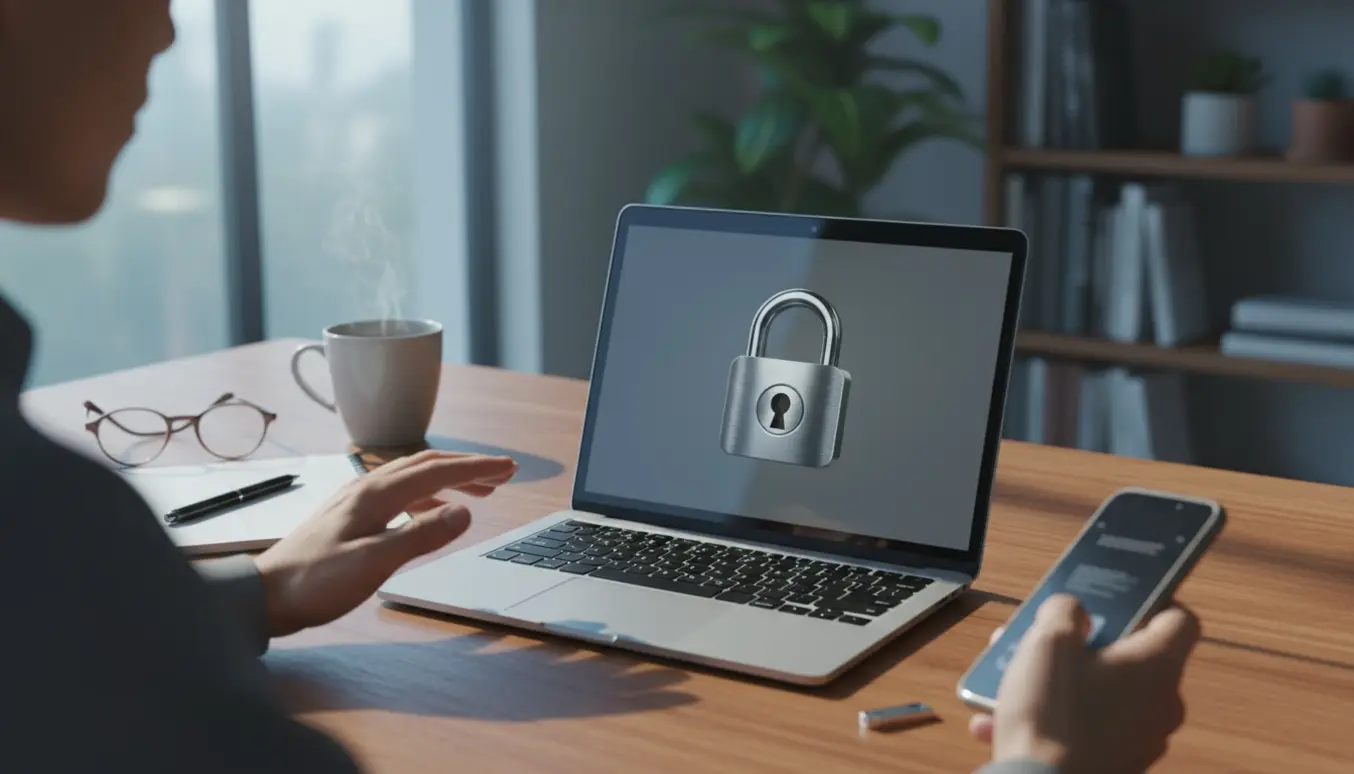 En person ved en bærbar med et låseikon på skærmen forsøger at genvinde adgang til en lukket konto.