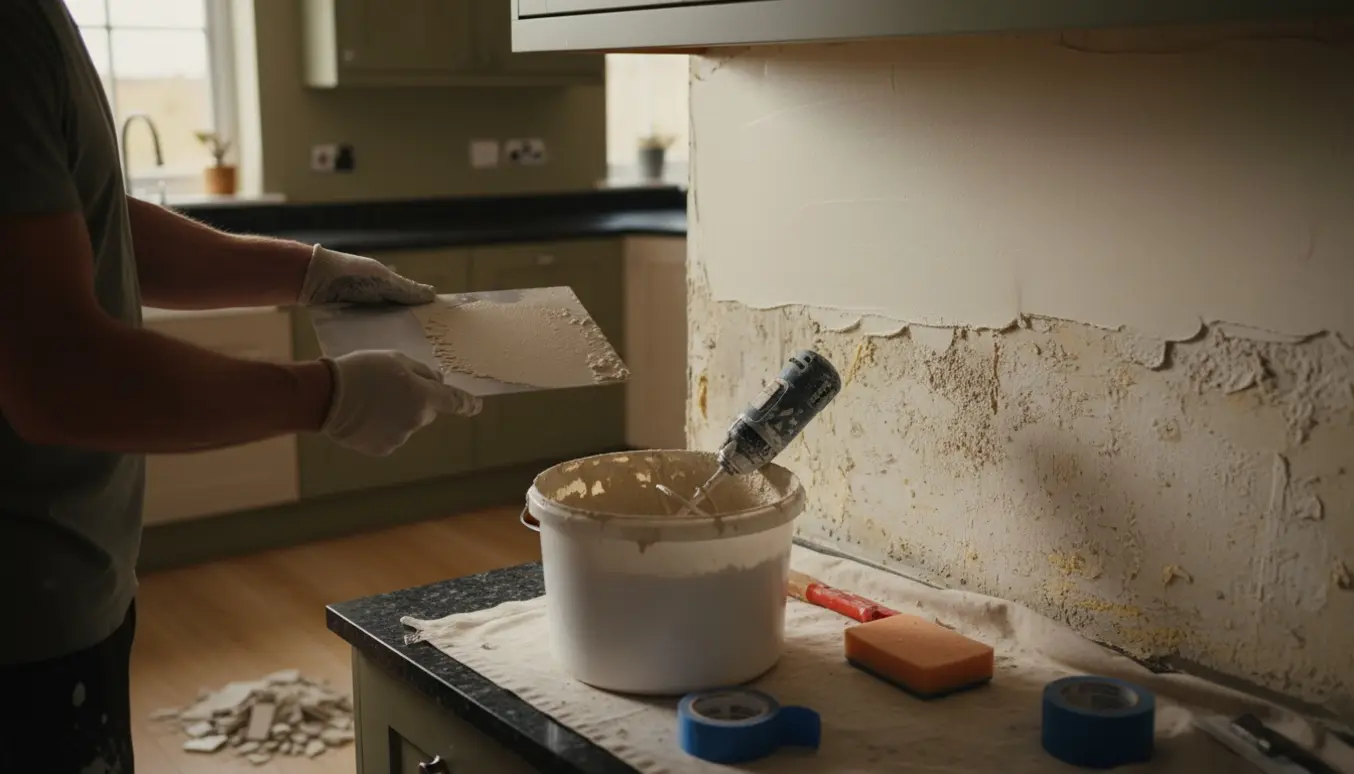 Hænder pudser en køkkenvæg efter fjernelse af fliser, med våd puds og værktøj i forgrunden.