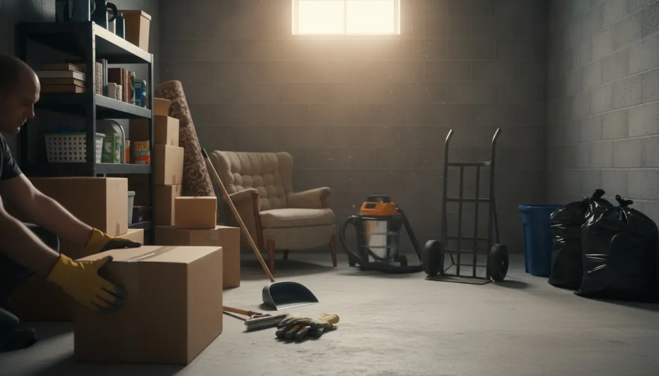 Partielt ryddet kælderrum med kasser, affaldssække og en tralle i naturligt lys.