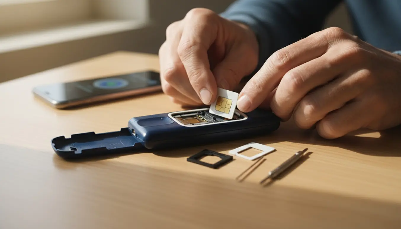 Nærbillede af en klassisk mobil med åben bagcover og simkort ved siden af mens en persons hænder forsøger at sætte det i.