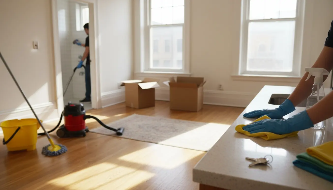 Rengøringsscenarie i en ældre lejlighed med handsker, moppe, støvsuger og flyttekasser i baggrunden.