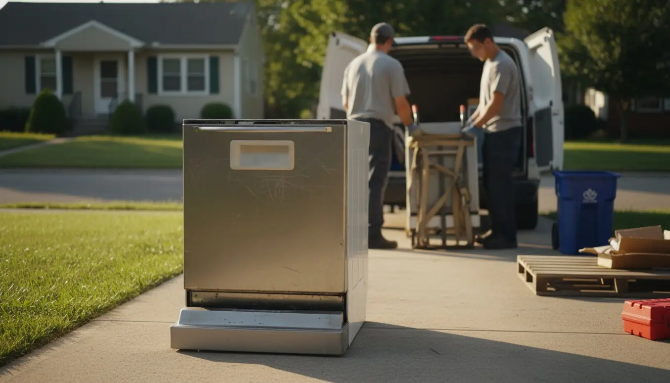 Gammel opvaskemaskine på indkørslen klar til afhentning mens arbejdere løfter den med en trillebør.