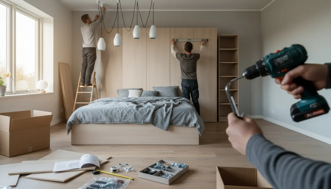 Håndværkere monterer en stor garderobe over sengen, en reol og seks loftslamper i et lyst soveværelse.