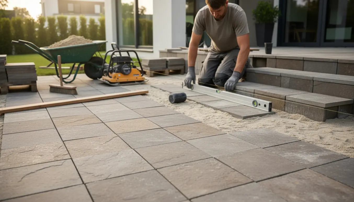 Delvist færdig fliseterrasse ved hus med 30x30 fliser, værktøj og en trappe med fem til syv trin.