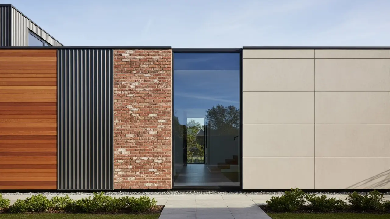 Husfacade med forskellige facadematerialer: træ, metal, mursten, glas og komposit
