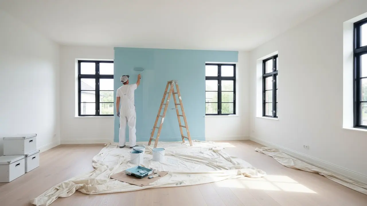 Lys stue med nymalet væg, maler med rulle og afdækningsudstyr