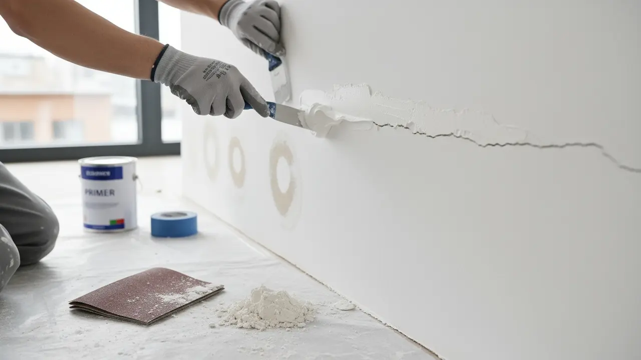 Hånd fylder hul med spartelmasse og slibeværktøj klar ved siden af