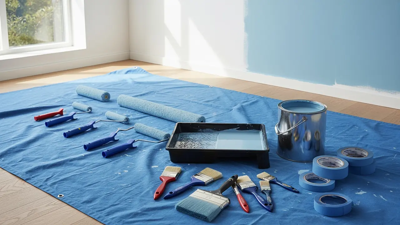 Malerruller, pensler, malerbakke og malerdåser organiseret på afdækket gulv