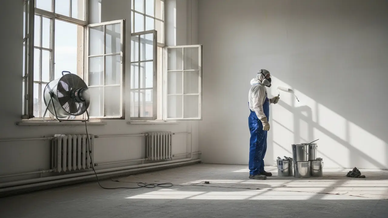 Åbne vinduer med udsugningsventilator og maler iført maske og handsker