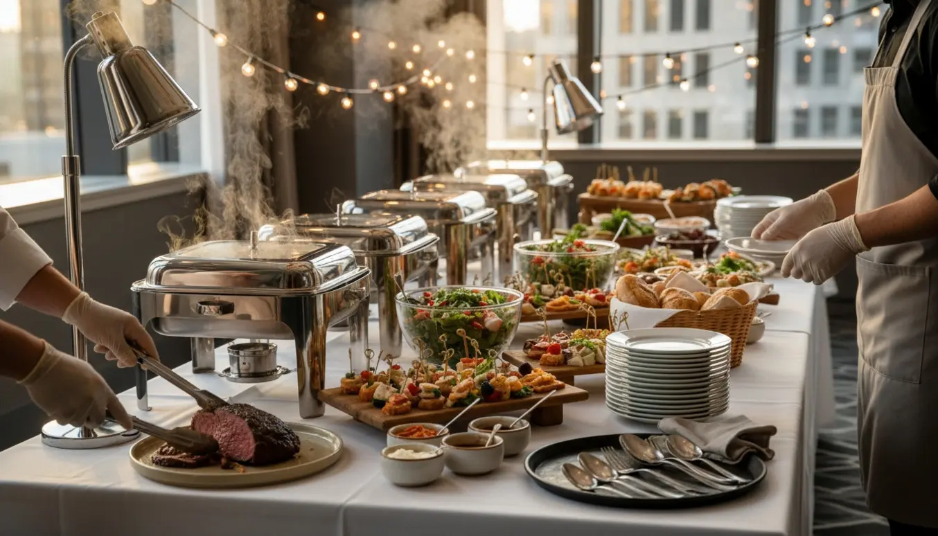 Buffetbord i en moderne festsal, hvor hænder arrangerer varme fade og serveringsfade i varmt aftenlys.