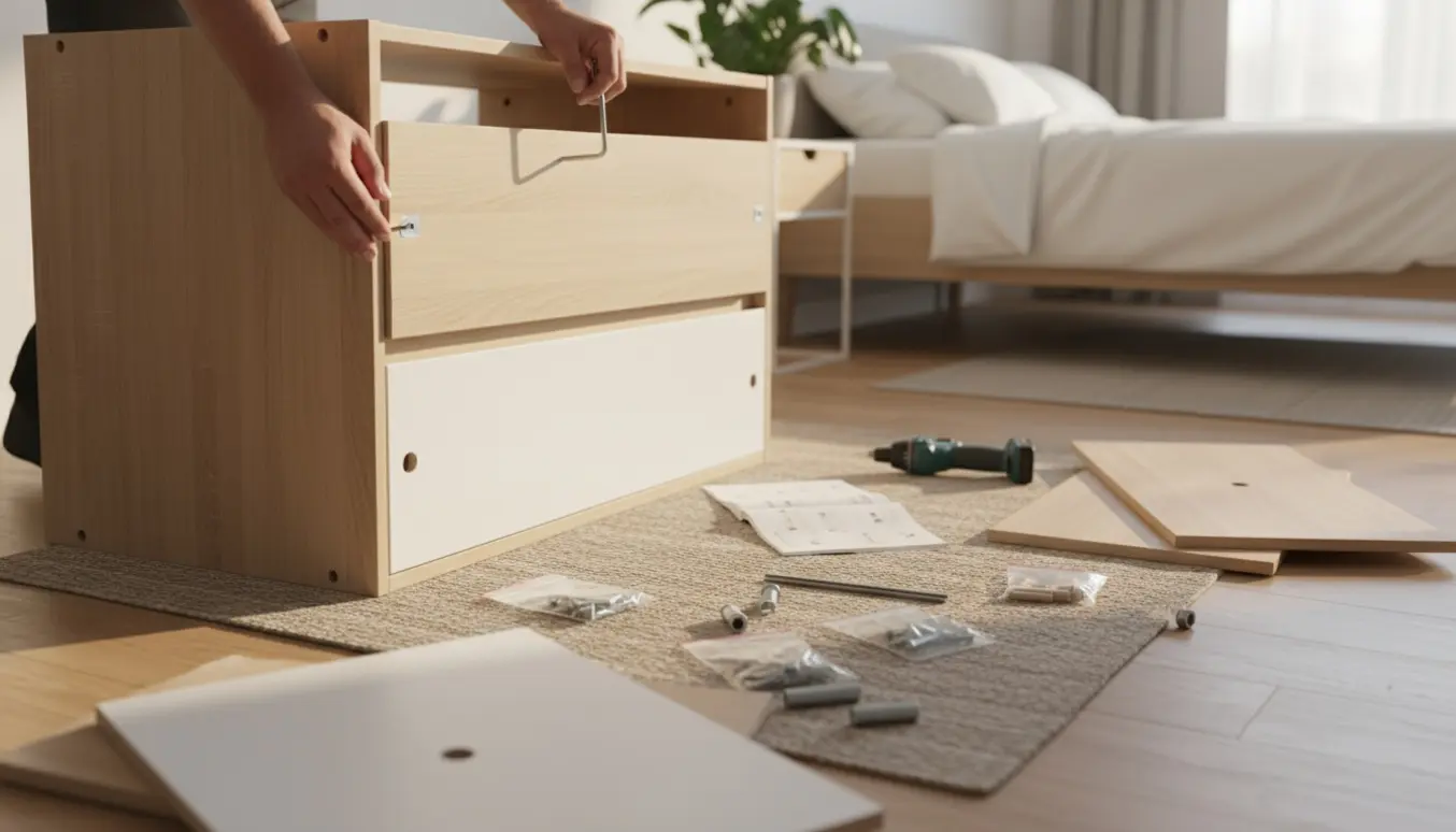 Hænder samler en fire-skuffers Malm‑stil kommode på et lyst trægulv med værktøj og hardware spredt omkring.