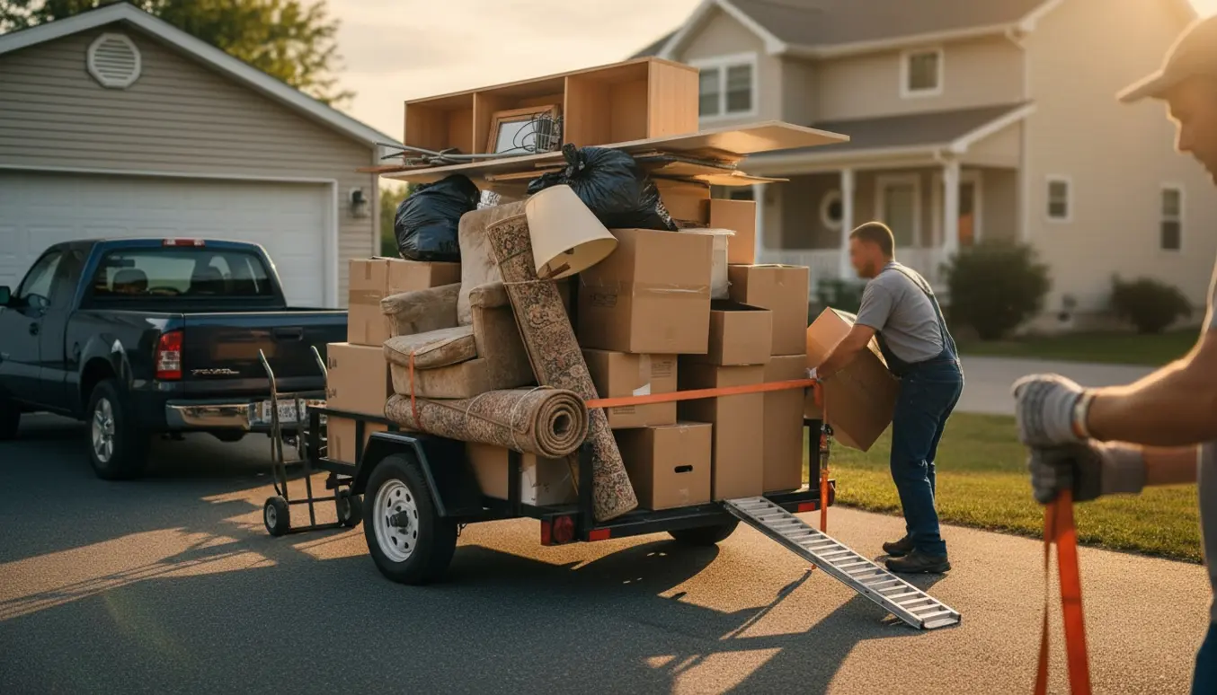 En trailer fyldt med blandet flytteaffald på en indkørsel, personer set bagfra læsser og spænder stropper.
