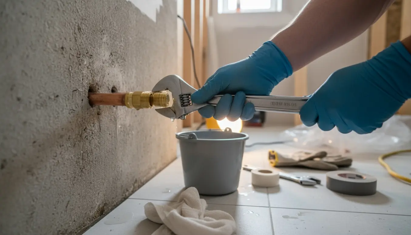 Nærbillede af hænder, der sætter propper på to varmerør i et kælderbadeværelse under renovering.