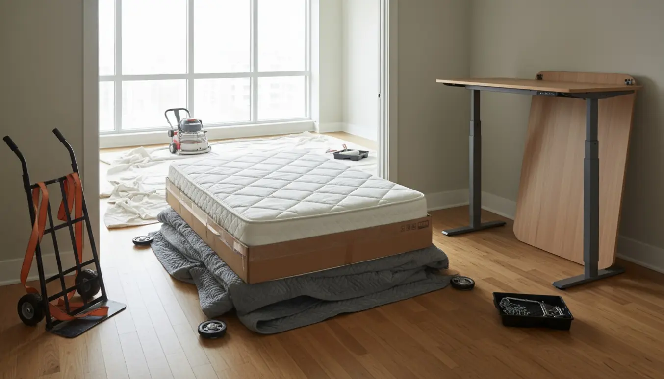 Boxmadras og delvist adskilt hæve/sænkebord flyttes ind i stuen med flyttetæpper, sækkevogn og malerudstyr i baggrunden.