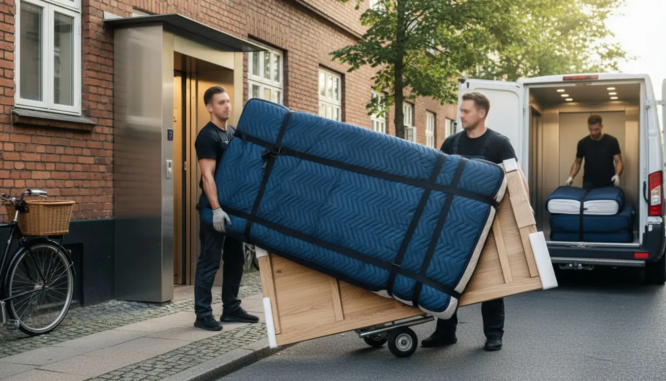 Flyttemænd bærer en indpakket dobbeltmadras og læsser en seng ud af en Østerbro-opgang mod en varevogn, med elevator i baggrunden.