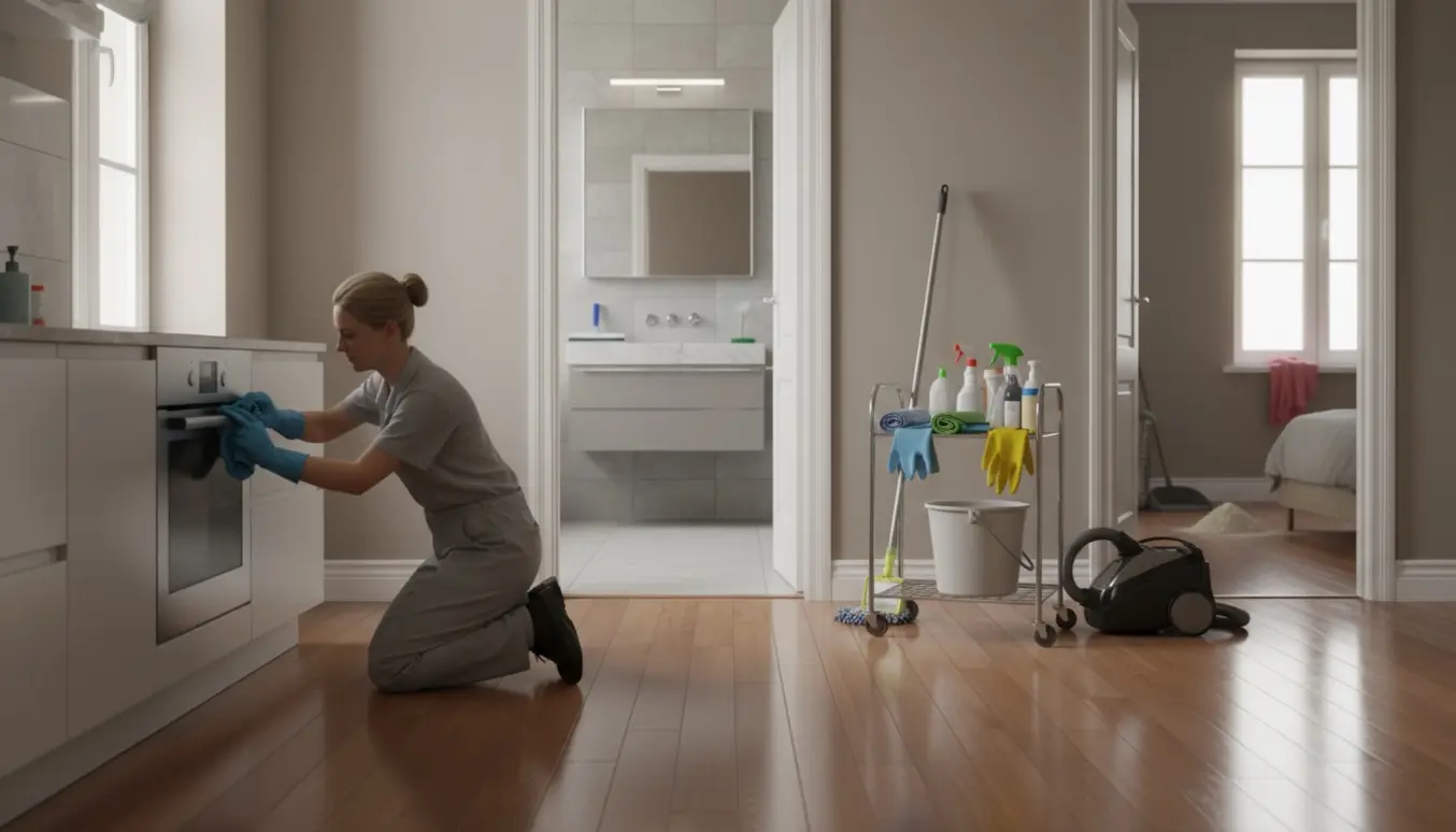 Lys, åben lejlighed under slutrengøring med moppe, støvsuger og rengøringsvogn.