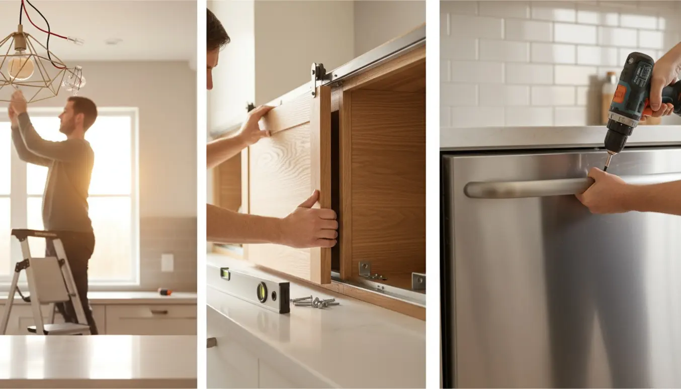Hænder monterer en loftslampe, en skydedør og en opvaskemaskinefront i et lyst køkken.