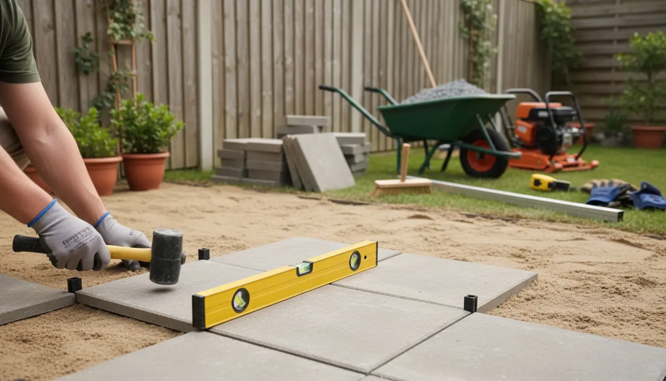 Hænder placerer 30×30 cm fliser i en baghave på et lille terrasseområde med værktøj og materialer omkring.