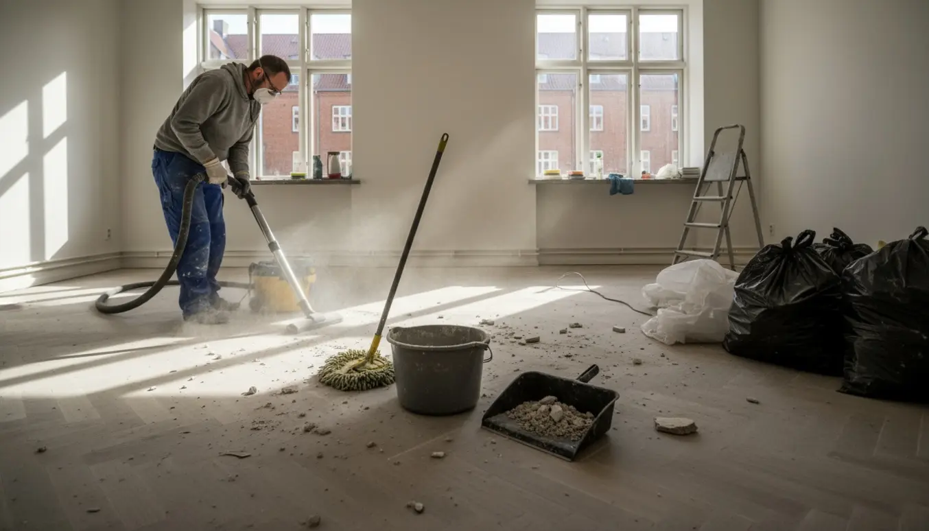 Støvet, tom lejlighed på Nørrebro under rengøring efter ombygning med rengøringsudstyr og en håndværker set bagfra.
