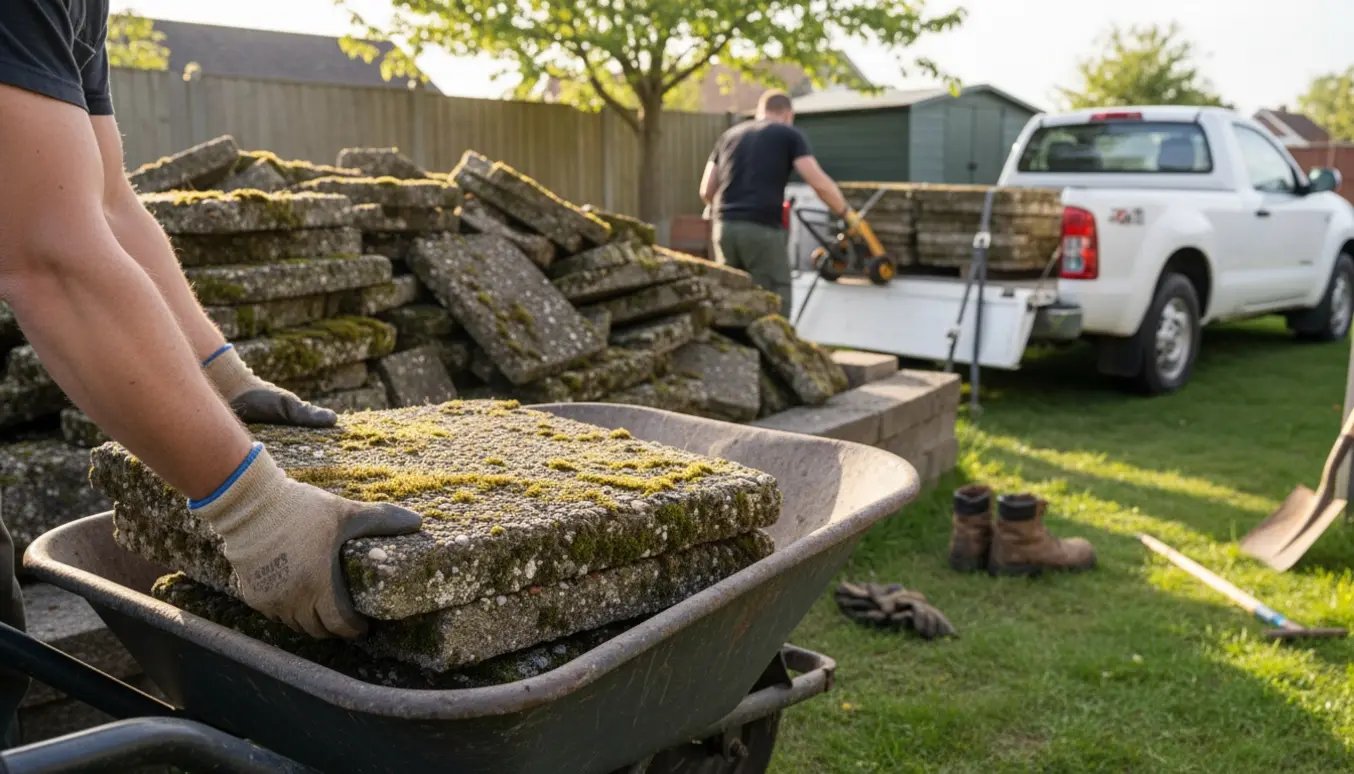 Mosgroede terrassefliser læsses fra en stor bunke på trailer klar til genbrugsstationen.