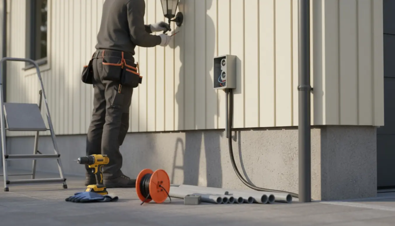Elektriker monterer udendørs stikkontakt og lampe på garagefacaden med kabelrulle og værktøj i forgrunden.