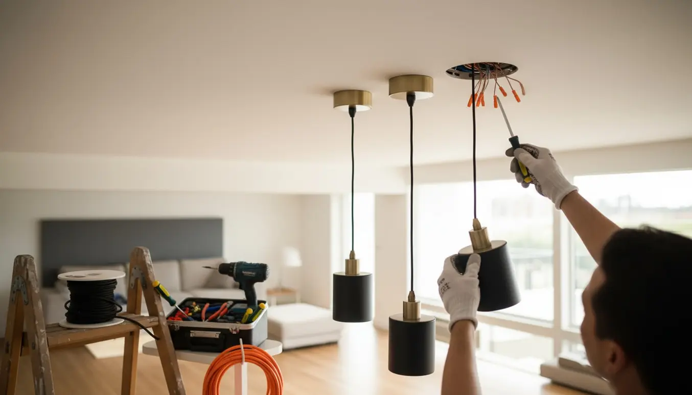 Nærbillede af hænder, der hænger fire loftslamper op, hvoraf to får forlænget ledning.