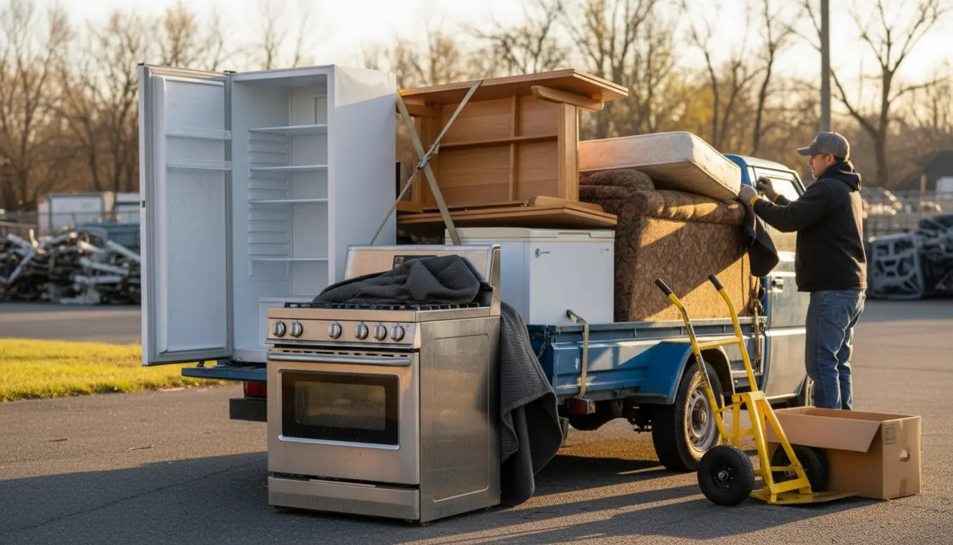 Et pickup-læs fyldt med komfur, køleskab, fryser og møbler, klar til aflevering ved genbrugsstationen.