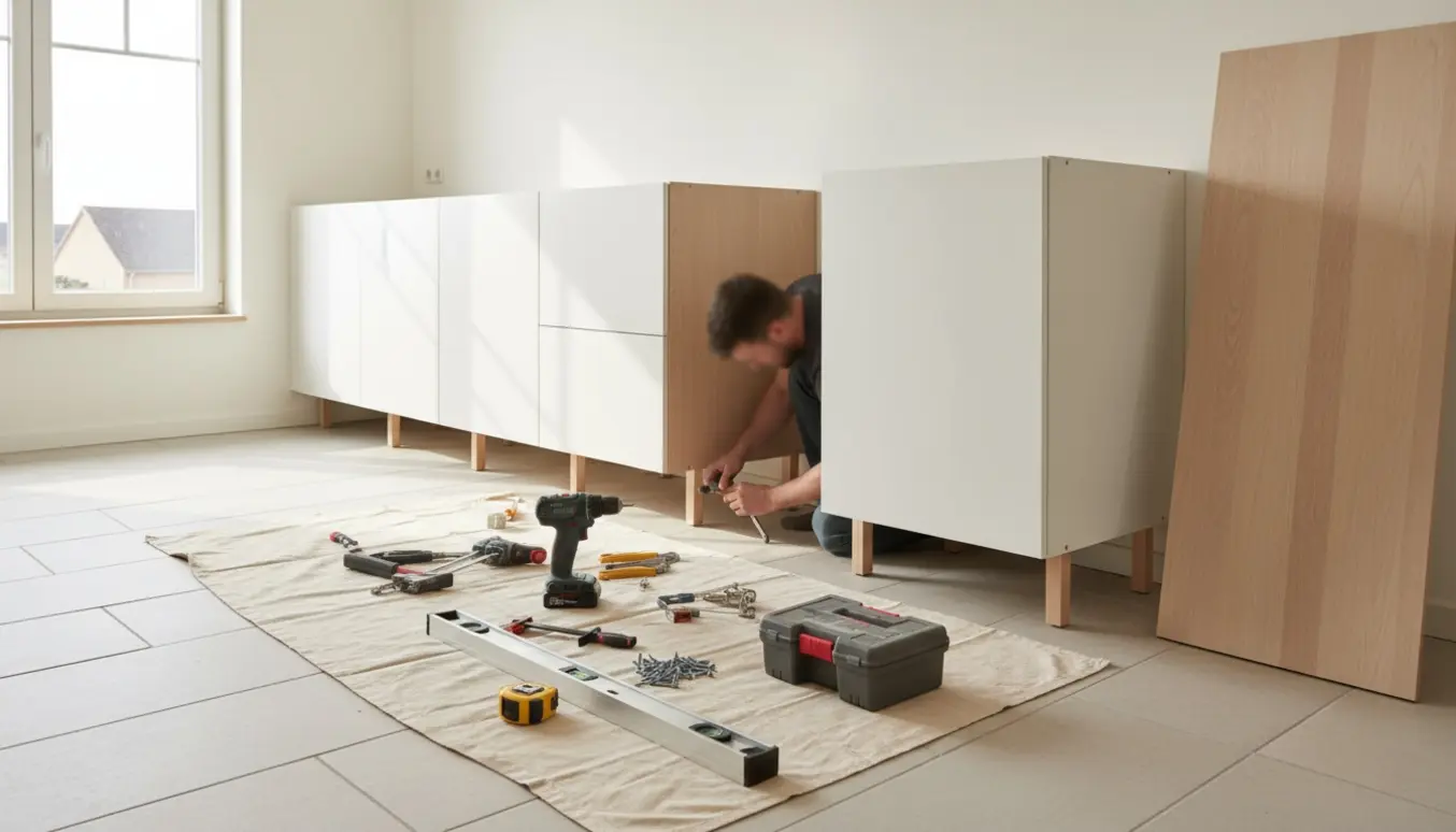 Montering af underskabe langs en 7 meter væg i et lyst køkken med værktøj og uden bordplade.