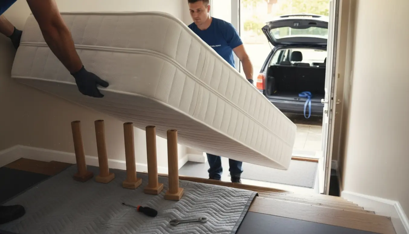 Et dobbeltsengs boxmadras bæres ned ad en bred trappe mod en åben bil, med afskruede sengeben på landingen.