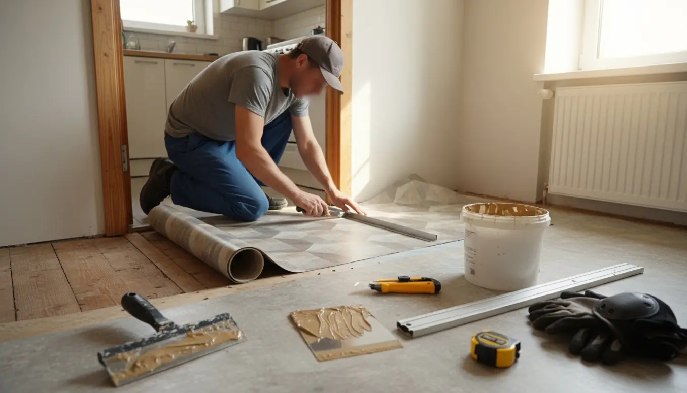 Nærbillede af udskiftning af linoleum i lejlighedens gang og køkken ved et dørtrin.