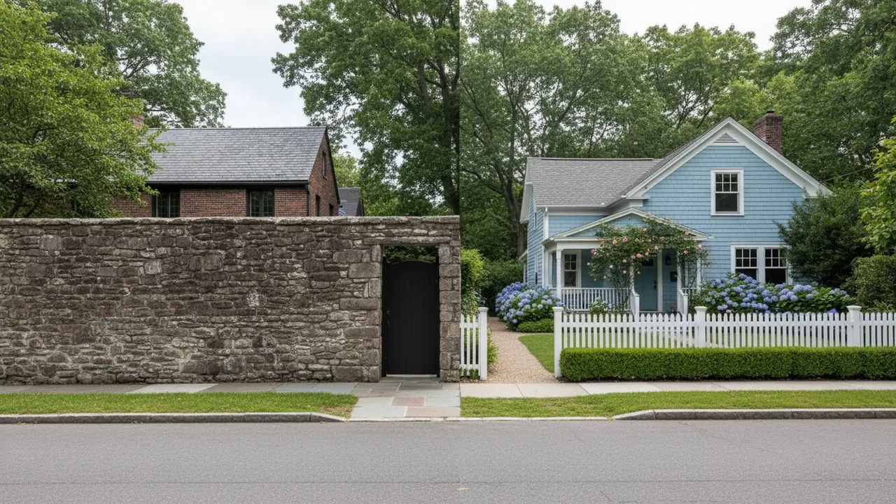 Sammenligning af højt privat hegn og lavt åbent stakit ved to haver