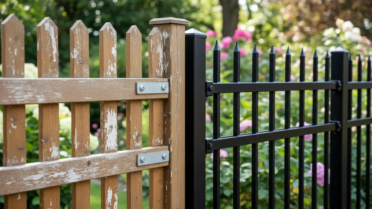 Nærbillede af træstakit og metalstakit med synlige materialer og beslag