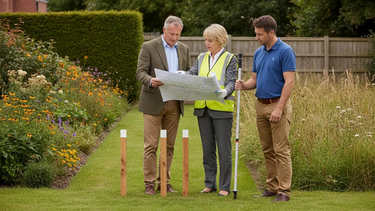 Naboer og landinspektør ved skelpæle med matrikelkort der markerer grundgrænse