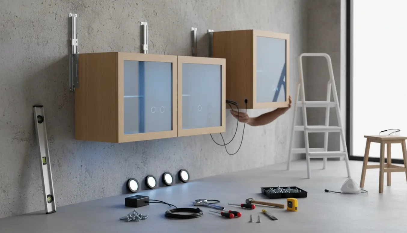 IKEA Bestå-reol monteres på en rå betonvæg med værktøj og LED-lys klar til installation.