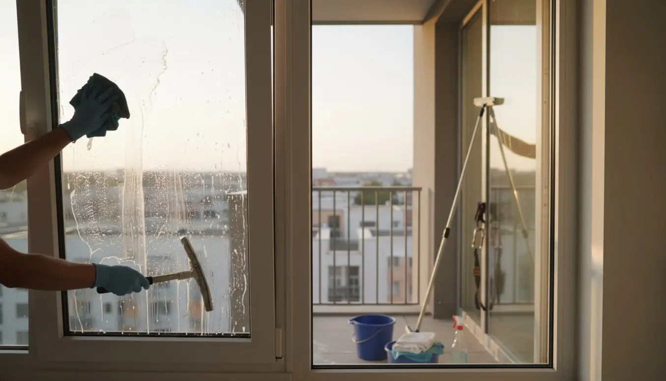 Vinduespudsning på 6. sal med indvendig og udvendig rengøring af store, ensartede vinduesruder og altandør.