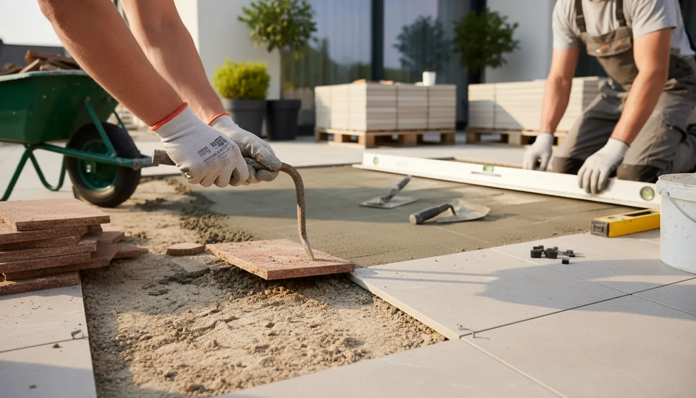 Terrasse under renovering med gamle rektangulære fliser fjernet og nye 30x30 cm fliser klar til nedlægning.