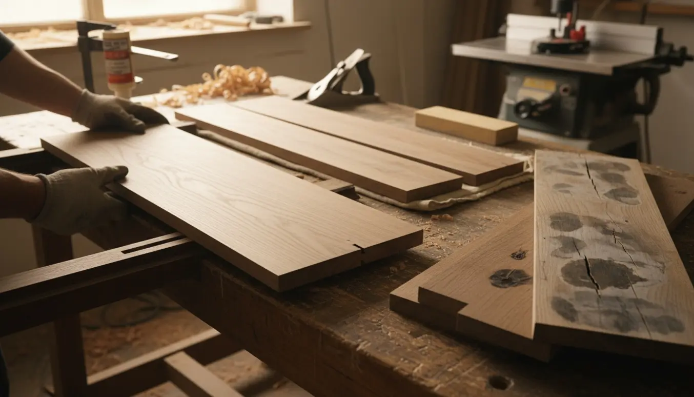 Nye fjer-og-not tillægsplader til et gammelt udtræksbord på et træværksted, med værktøj og hænder i arbejde.