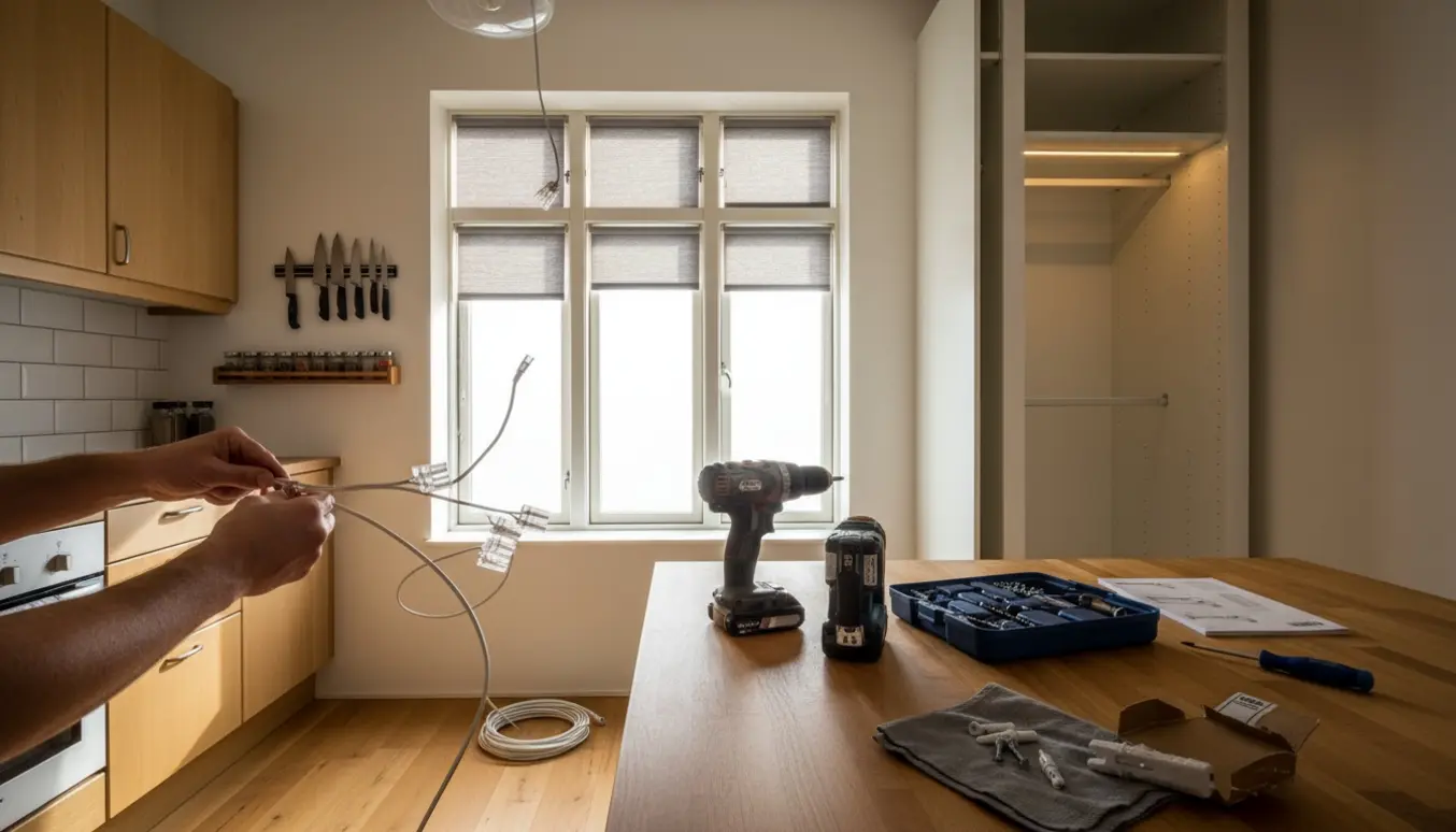 Hænder udskifter lampekabel og montere hylder og knivskinne i et solbelyst køkken med værktøj og installeret LED i en åben garderobe.